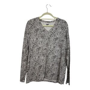 Land's End Beige Leopard Animal Print Long Sleeve V-neck Sweater